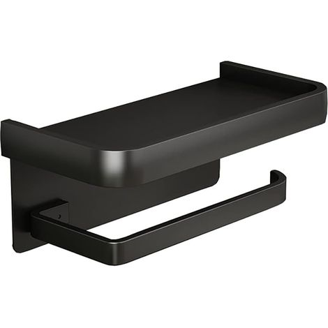 Porte‑papier toilette mural en aluminium sans perçage, avec étagère de rangement pour téléphone, support rouleau papier WC pour salle de bain, finition noire mate (1/5)