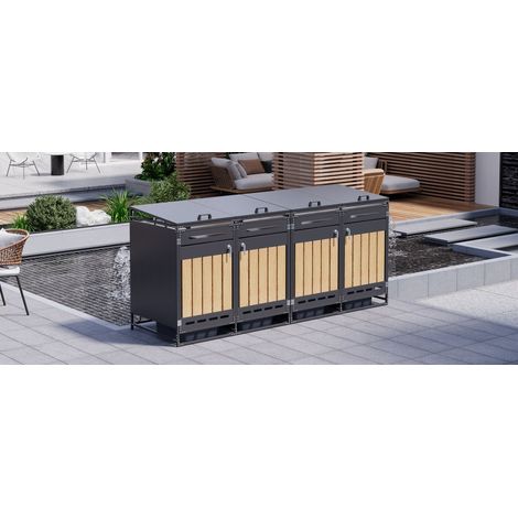 Lot de 4 coffres de rangement pour poubelles, couvercle hydraulique, bardage bois effet vertical, ventilation à fentes, armoire de jardin en fer avec serrure (1/5)