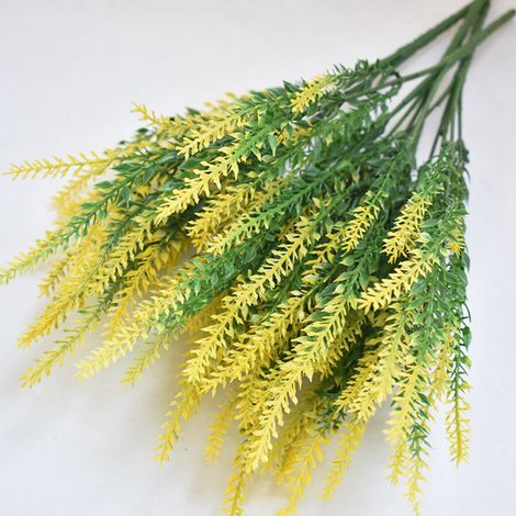 Fausses fleurs de lavande en plastique réalistes et sans odeur, idéales pour décoration de mariage et événements festifs en jaune. (1/5)