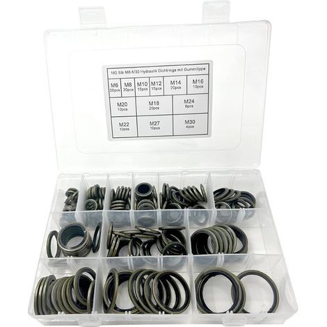 Lot de 162 joints d'étanchéité hydrauliques avec lèvre en caoutchouc M6-M30 Vis de vidange d'huile Bonded Seals Assortiment de joints d'étanchéité pour hydraulique centrale, direction serve (1/5)
