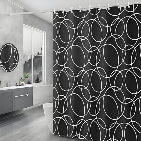 Rideau de douche en polyester imperméable et anti-moisissure 180 x 180 cm - Motif cercles - Dégradé noir et blanc (1/5)