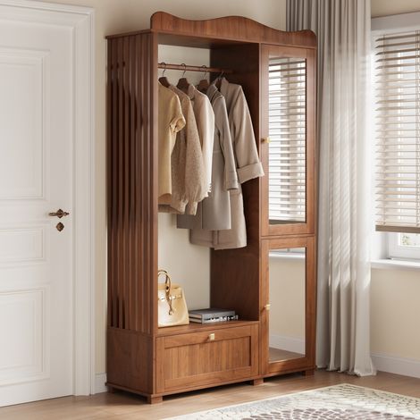 Vestiaire avec miroir, penderie ouverte, 2 portes et 1 tiroir pour chambre et entrée, 115,5 x 38,5 x 194,5 cm, MDF, noyer