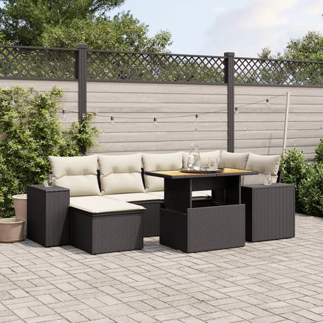 Ensemble Salon Jardin 7 Pièces Noir Résine Tressée avec Coussins Crème - Table Réglable Hauteur Modulable (1/3)