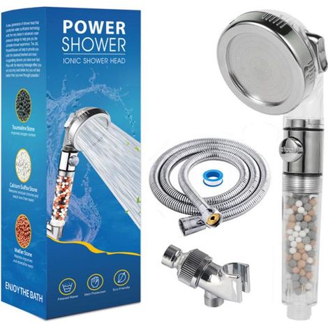 Pommeau de douche 3 fonctions avec filtre ionique et flexible 1,5 m - Douchette économique à faible débit, kit complet pour salle de bain, finition chromée (1/5)