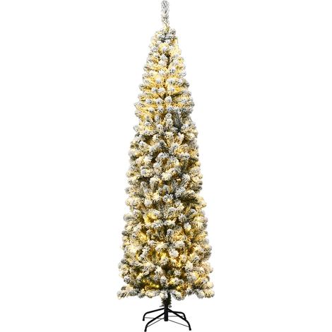 COSTWAY Albero di Natale Slim 135/180/225 cm, Albero di Natale Innevato con 150/250/350 Luci LED, 242/500/641 Rami e Base di Metallo, Decorazione Natalizia per Casa e Negozio (225 cm) (1/5)