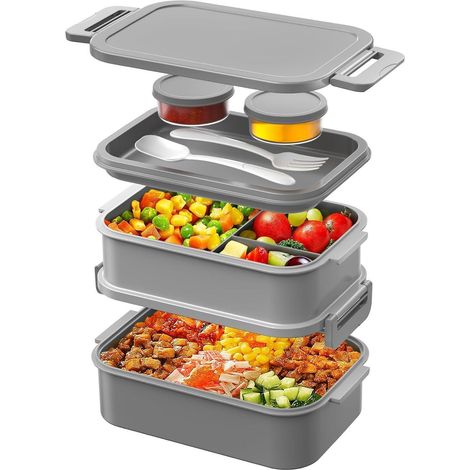 Lunchbox Bento Box 3 Schichten 2130ml Silikondichtring Grau, Mikrowellengeeignet (1/5)
