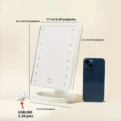 Miroir de maquillage carré tactile (blanc) avec lumière, rechargeable (piles non incluses) (1/5)
