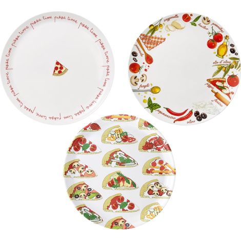 Set 3 piatti pizza rotondi in melamina - Diametro 33 cm e Altezza 1,5 cm - 3 decorazioni diverse, piatto infrangibile e riutilizzabile (1/5)