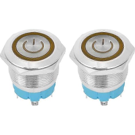 Interrupteur poussoir rond 22mm tête plate 4 broches 3-6VDC avec voyant lumineux jaune, lot de 2 boutons d'alimentation (1/4)