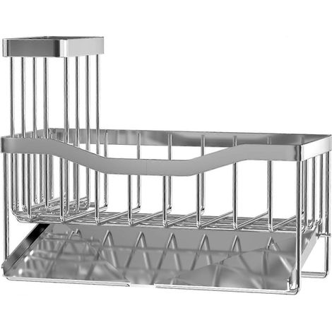 Porte-éponge pour évier de cuisine en acier inoxydable avec porte-brosse et bac d'égouttage organisateur antirouille argenté (1/5)