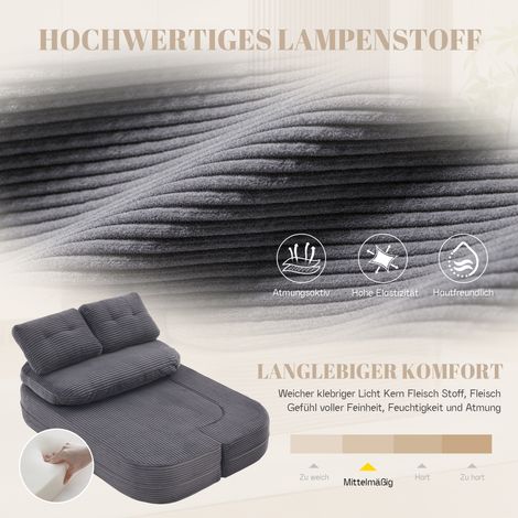 Canapé-lit 2-en-1 en velours côtelé, sofa convertible avec fonction inclinable, assise basse extra-profonde, accoudoirs réglables, porte-gobelets x2, dossier haut, gris foncé, matelas pliable pour sol (1/5)
