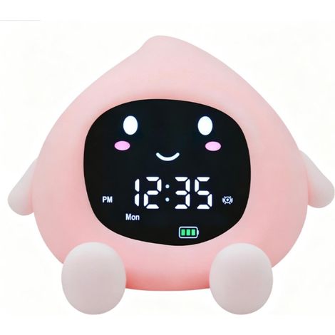 Despertador infantil para dormitorio, diseño color melocotón, con luz nocturna, 6 sonidos relajantes, doble alarma y lámpara táctil RGB para bebés y niños pequeños. (1/4)