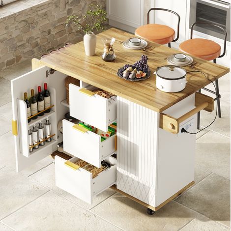 Îlot de cuisine mobile avec plan de travail rabattable, prises, roulettes, 134x74x88 cm, blanc (1/5)
