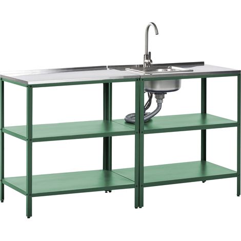 2 Piece Outdoor Kitchen Set Green Stainless Steel 2 Kitchen Islands Sink Single Lever Outdoor Kitchen Cooking Station VILAMA
