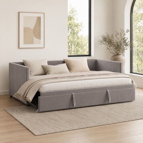 Canapé-lit convertible 90/180x200 cm, lit gigogne 2 places avec sommier à lattes et dossier rembourré, lit capitonné tissu en velours, sans matelas, gris (1/5)