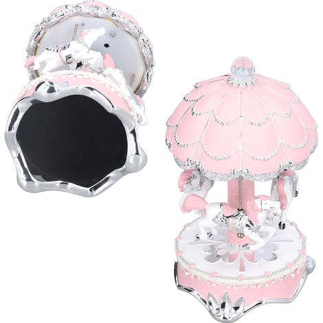 Carrousel lumineux musical européen, boîte à musique rotative avec nœud en dentelle argentée, décoration cadeau d'anniversaire créative (sans piles) (1/5)