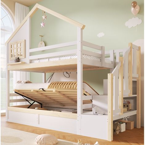 Litera 90x200 cm con almacenamiento hidráulico bajo la cama, barandilla de seguridad y diseño de casita, madera de pino y MDF, blanco y natural  CHICFURN (1/5)