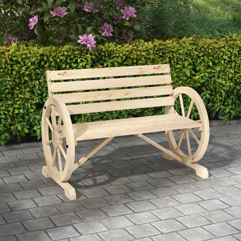 Banc de jardin banc roues charette bois sapin effet bois naturel en bois style rustique chic accoudoirs 3 places conception robuste