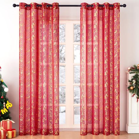 Vorhang Voilage 107X244cm Weihnachtsvorhang Rote Vorhänge mit Ösen Mädchenzimmer Weihnachtsbaum-Motiv goldfarben, 2 Stück
