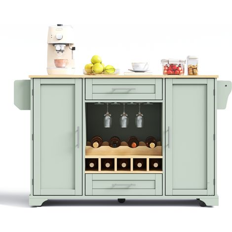 Chariot de cuisine avec plan de travail extensible, îlot mobile sur roulettes, rangements pour bouteilles, verres et épices, vert antique – CHICFURN (1/5)