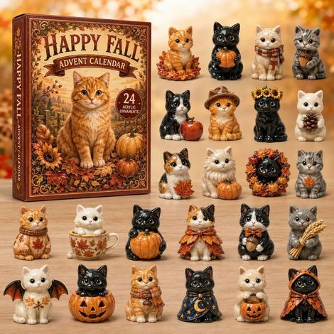 Calendrier de l’Avent Chats Happy Fall Automne, Compte à rebours de Noël 24 Jours, Boîte surprise décorations suspendues acryliques chats thème automne, Ornements sapin Noël, Cadeau de Noël à collecti
