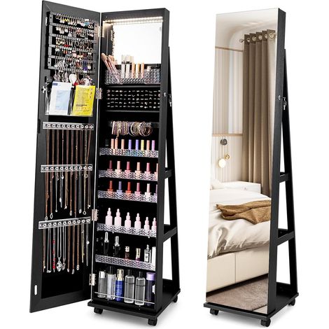 COSTWAY 3 en 1 Armoire à Bijoux sur Roulettes, Organisateur de Bijoux sur Pieds, Miroir Psyché sans Cadre, Lumières LED et Miroir de Maquillage Intégré, Verrouillable, Étagères Réglables (Noir) (1/5)