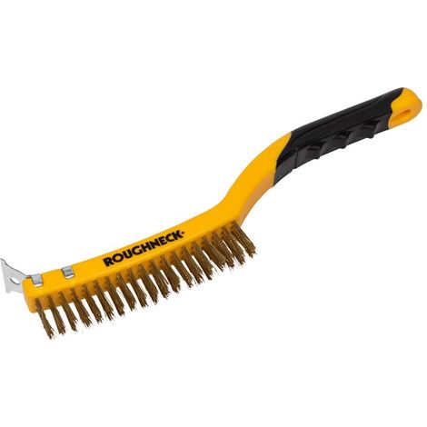 Roughneck 52-034 Brass Wire Brush Soft Grip with Scraper 355mm (14in) - 3 Row ROU52034