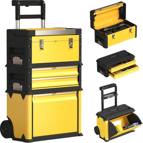 Set di 3 cassette portautensili impilabili e modulari in acciaio su ruote con vassoio, maniglie e serratura, colore giallo.