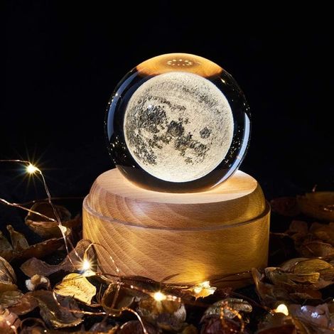 Veilleuse\u3000Boîte à musique, boule de cristal avec veilleuse de nuit Boîte à musique avec socle en bois pour projecteur à DEL pour Noël, cadeau de Thanksgiving (Lune) (1/5)