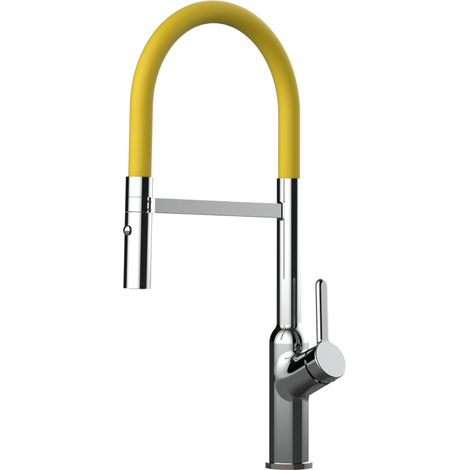 Rubinetto miscelatore Cucina cromato canna gialla movibile e doccia due getti staccabile - serie BOD (1/5)