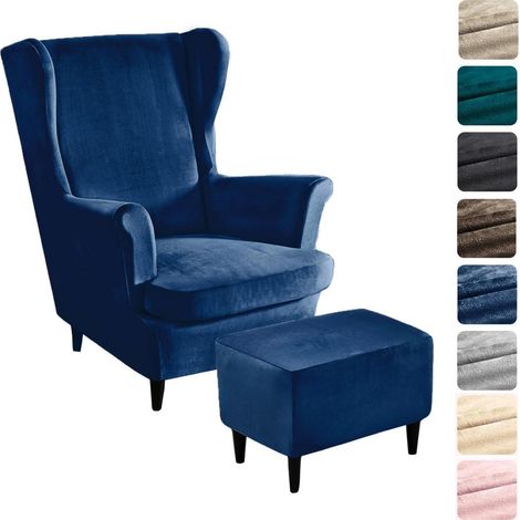 3-teiliger Ohrensessel Überzug aus Samt mit Ottomane, marineblau (1/5)