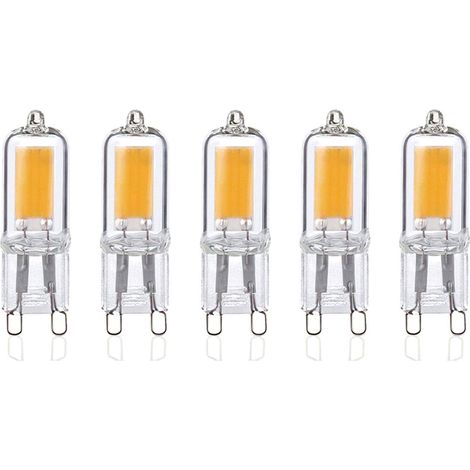 Un ensemble de 5 ampoules LED G9 2W, lumière blanche chaude 3000K, 250 lumens, angle de faisceau 360°, 80+ Ra, AC 220-240V, non dimmable.
