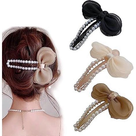 Set mit 3 großen Haarspangen mit Schleife und Perle für Damen, Entenschnabel-Haarspangen, rutschfeste seitliche Haarspangen (Champagner + Schwarz + Weiß) (1/5)