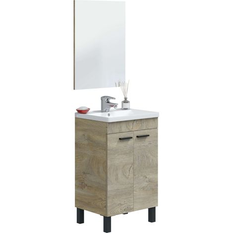 Mueble de Baño Ezio Estilo Natural en Color Roble Alaska con Espejo, 2 Puertas y Patas 50x80x50 cm (Lavabo Cerámico)
