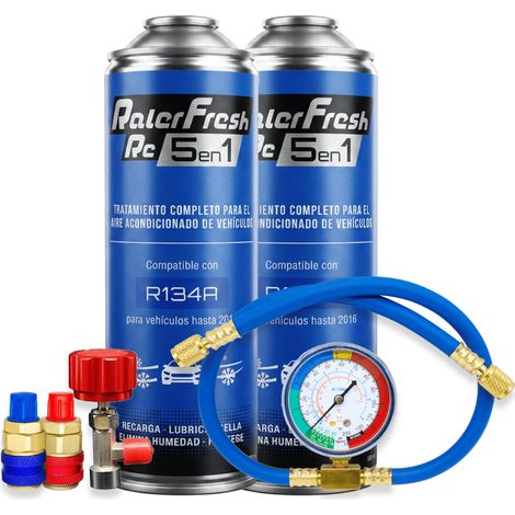 Pack gas refrigerante 2 botellas Ralerfresh RC R134 5en1 500ml con Manometro RF32, llave y conectores