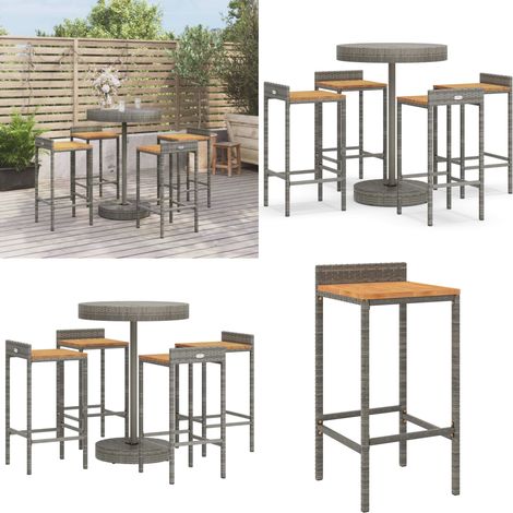 Ensemble de bar jardin 5 pcs gris poly rotin/bois massif acacia - Ensemble Salon De Jardin - Mobilier De Jardin - Set De Bar Extérieur - Table Basse Extérieure - Chaises De Bar - Home & Living