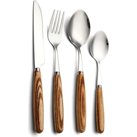 4 Piece Wooden Cutlery Set with Natural Wood Handle, 304 Stainless Steel Cutlery Set