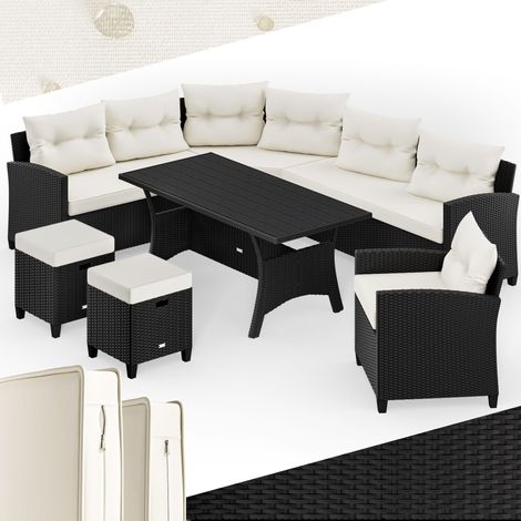CASARIA® Polyrattan Ecklounge Set WPC Esstisch Ecksofa Sessel 2 Hocker inkl. Sitzauflagen Kissen Wetterfest Outdoor Lounge Garten Terrasse Balkon Möbel (1/5)
