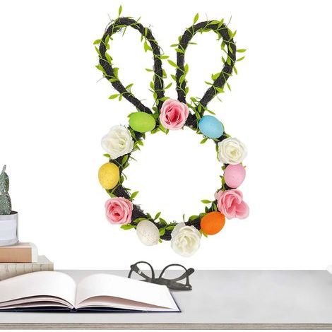 Easter Wreath Decor, Spring Indoor Outdoor, Easter Egg Wreath with Bunny Ears, Artificial Flower Wreaths for Indoor Outdoor Porch Home, Seasonal Holiday Decor, Spring Easters Wreaths for Home (1/4)