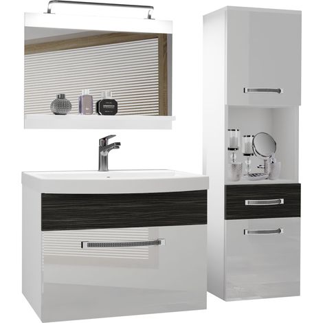 BELINI Meuble de Salle de Bain  Lavabo Inclus, Meuble sous-Vasque, Miroir et Cabinet Haut  Largeur: 100 cm  Kit d'éclairage Inclus  Couleur : Blanc très Brillant/ébène Royal (1/5)