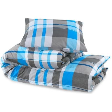 Parure de lit - VGEBY - 200x200 cm - Coton - Bleu et gris - 1 housse + 2 taies (1/4)
