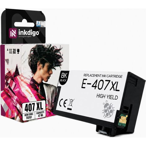 Inchiostro Inkdigo 407XL BK compatibile con Epson WorkForce Pro WF-4745DTWF, certificato TÜV. (1/4)