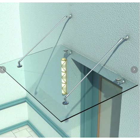 Auvent de porte en verre trempé 150 x 90 cm, supports en acier inoxydable 304, transparent OKMYHOME (1/5)