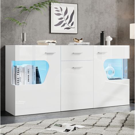 Wohnzimmer-Sideboard mit 3 Türen, Glasvitrine und LED, 140 x 33 x 70 cm, weißes MDF (1/5)