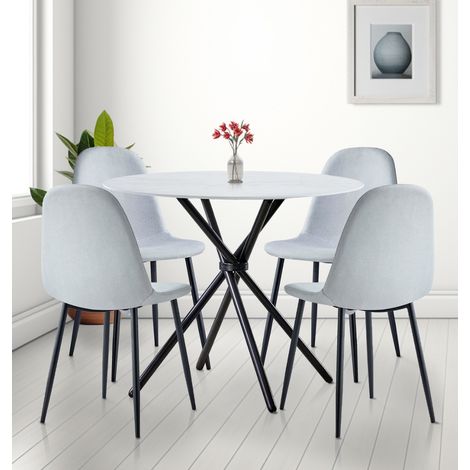 Hallowood Furniture Cullompton Round Dining Table And Chairs Set 4, Marble Effect Top Small Kitchen Table and Chairs in Grey Fabric with Black Metal Legs for Home, Office Pantries and Cafes