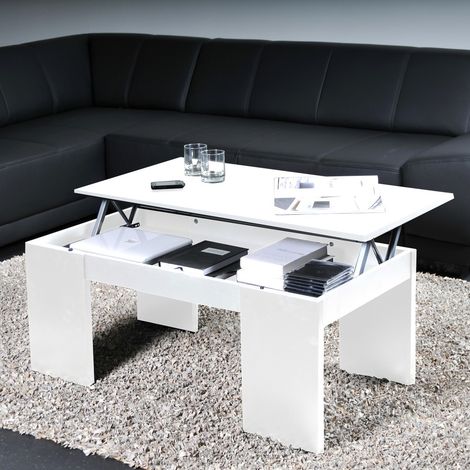 Table basse plateau relevable NEWTON 100x50cm / Blanc/ 100x50x43 cm