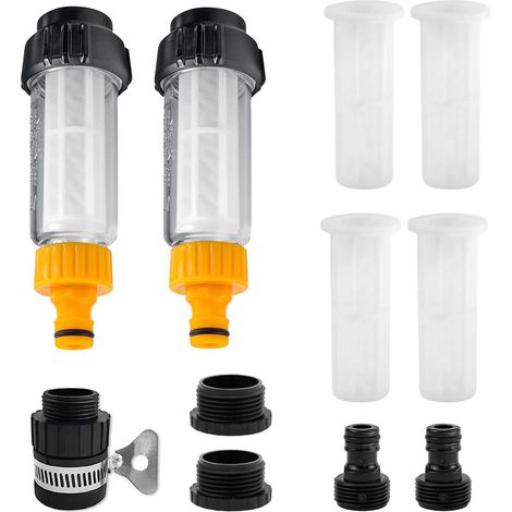Lot de 2 filtres à eau pour tuyau d'arrosage, préfiltre 3/4", pompe de jardin avec 4 filtres et 5 raccords rapides, préfiltre l'eau pour nettoyeur haute pression, pompe de jardin, camping-car (1/5)