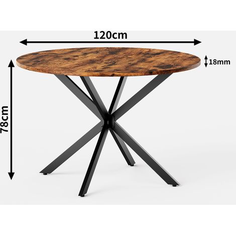 Table ronde industrielle 120 cm, pieds en X, bois massif et métal, marron-noir vintage, pour salle à manger, cuisine ou salon (1/4)