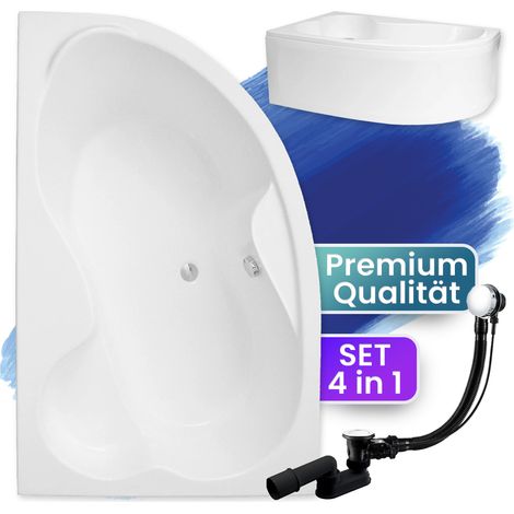 Badewanne Eckbadewanne 160x105 Links mit AcrylSchürze, Ablaufgarnitur & Füßen GRATIS - Komplettset 4in1 Original Acryl Wanne Siphon - BADLAND MEGA (1/5)