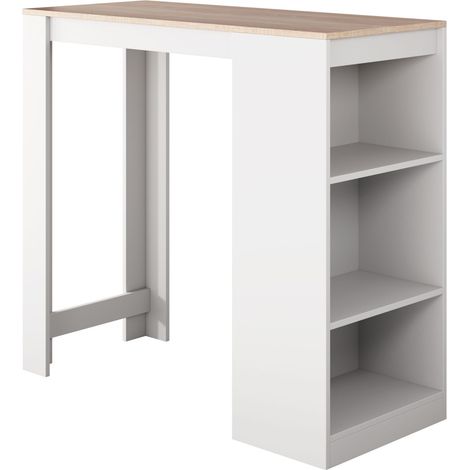 Muebles Bonitos – Table haute 110x103x50cm – Plateau mélaminé blanc et sonoma – 3 étagères pour gain d'espace – Finition mate contemporaine (1/5)